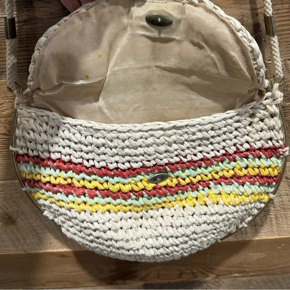 Vintage Made in Italy straw woven shoulder bag beach metal support tan stripe - Picture 4 of 6